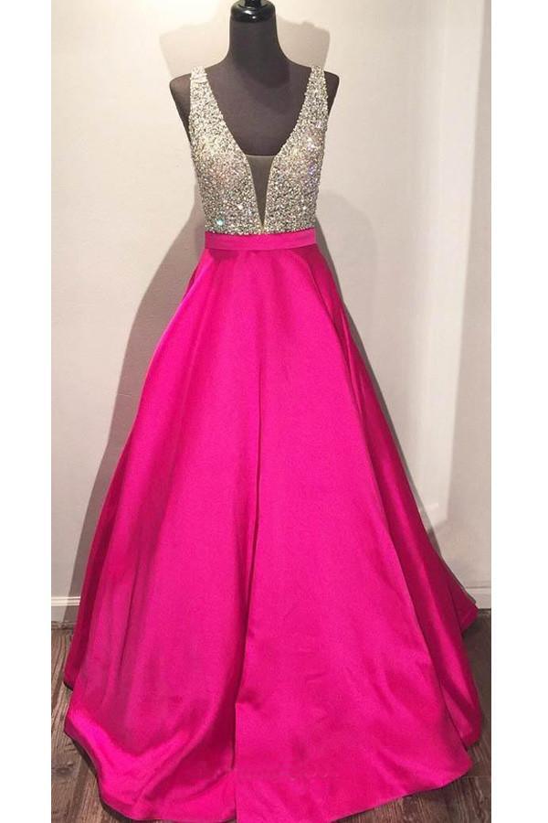 V-neck Floor-length Ball Gown Hot Pink Satin Prom Dress With Beading PG379 - Pgmdress