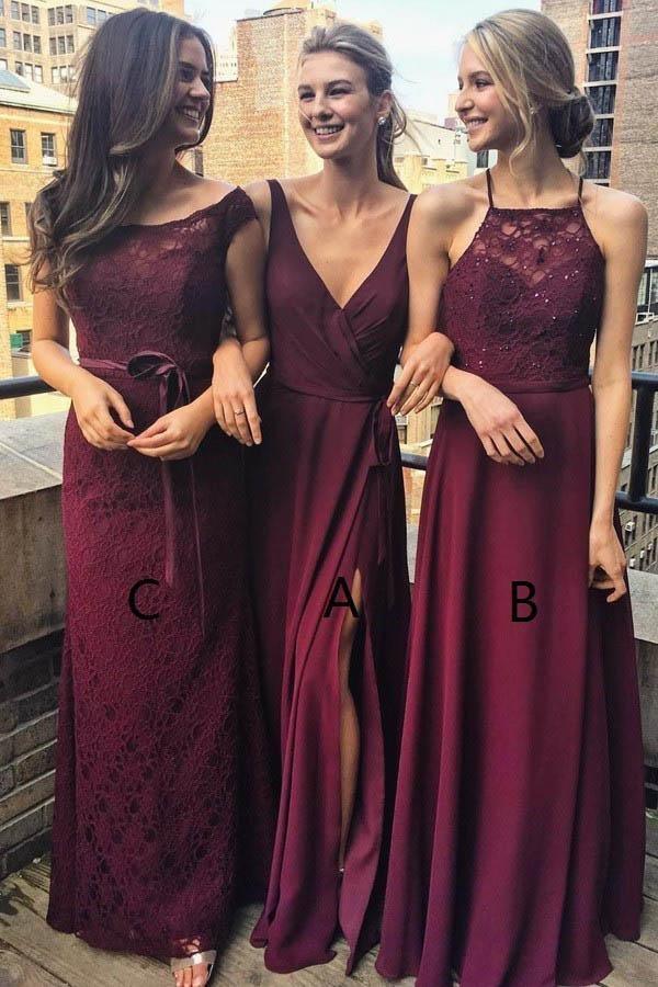 V-Neck Floor-Length Grape Chiffon Bridesmaid Dress wtih Split BD036 - Pgmdress