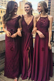 V-Neck Floor-Length Grape Chiffon Bridesmaid Dress wtih Split BD036