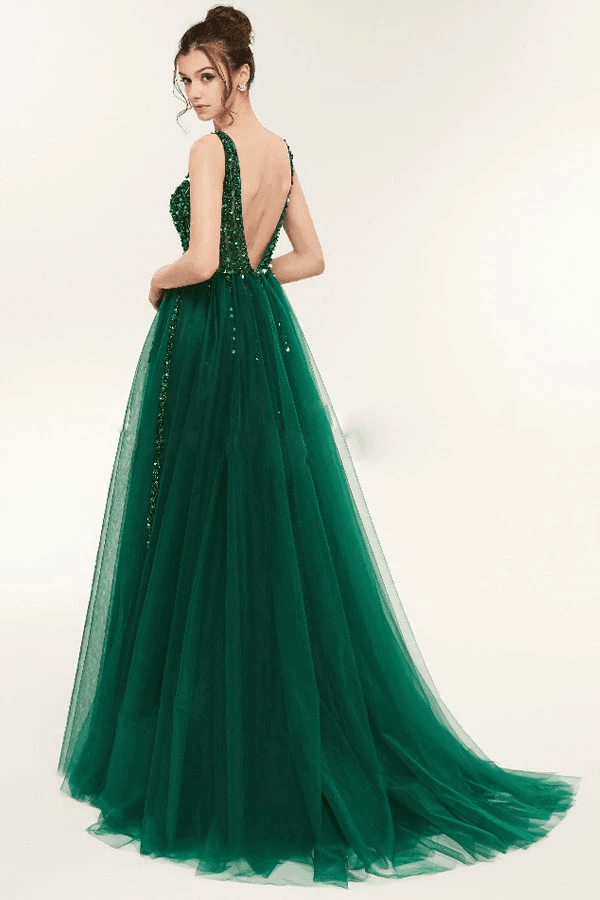 V Neck Green Open Back Tulle Long Prom Dresses With Sequins PSK104 - Pgmdress