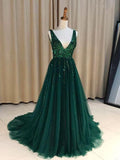V Neck Green Open Back Tulle Long Prom Dresses With Sequins PSK104 - Pgmdress