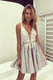 V-neck Grey Homecoming Dreses Short Prom Dresses With Lace Applique PG175