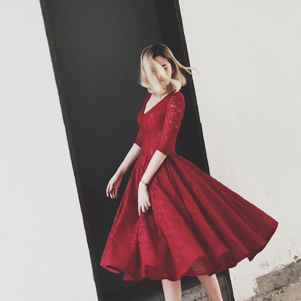 V Neck Half Sleeves Burgundy Lace Homecoming Dress Short Prom Dress PG104 - Pgmdress