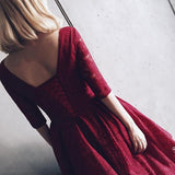 V Neck Half Sleeves Burgundy Lace Homecoming Dress Short Prom Dress PG104 - Pgmdress