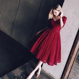 V Neck Half Sleeves Burgundy Lace Homecoming Dress Short Prom Dress PG104 - Pgmdress