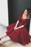 V Neck Half Sleeves Burgundy Lace Homecoming Dress Short Prom Dress PG104