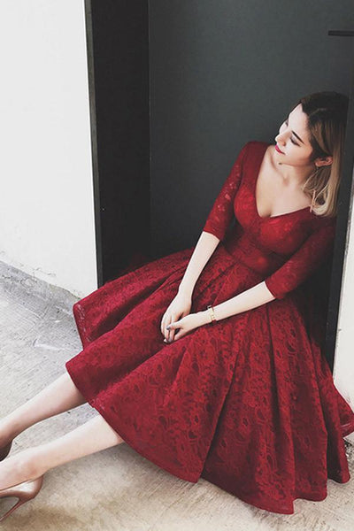 V Neck Half Sleeves Burgundy Lace Homecoming Dress Short Prom Dress US0 / Custom Color V Neck Half Sleeves Burgundy Lace Homecoming Dress Short Prom Dress US0 / Custom Color