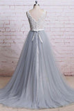 V-neck Ivory Lace Bodice Grey Tulle Skirt Chapel Train Prom Dresses PG685 - Pgmdress