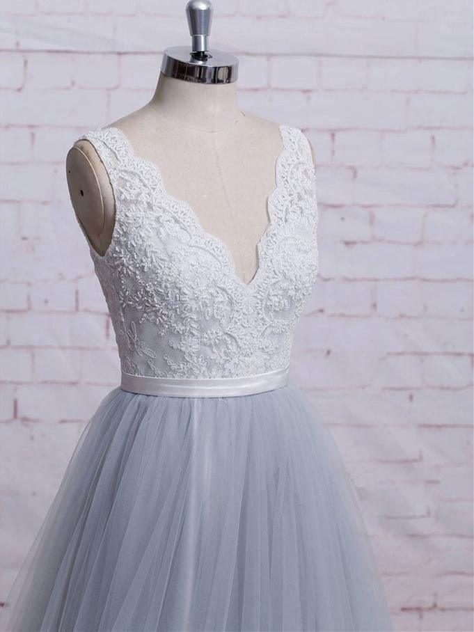 V-neck Ivory Lace Bodice Grey Tulle Skirt Chapel Train Prom Dresses PG685 - Pgmdress