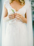 V-Neck Lace Tulle Cap Sleeve A-Line Wedding Dress WD136 - Pgmdress