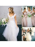 V-Neck Lace Tulle Cap Sleeve A-Line Wedding Dress WD136 - Pgmdress