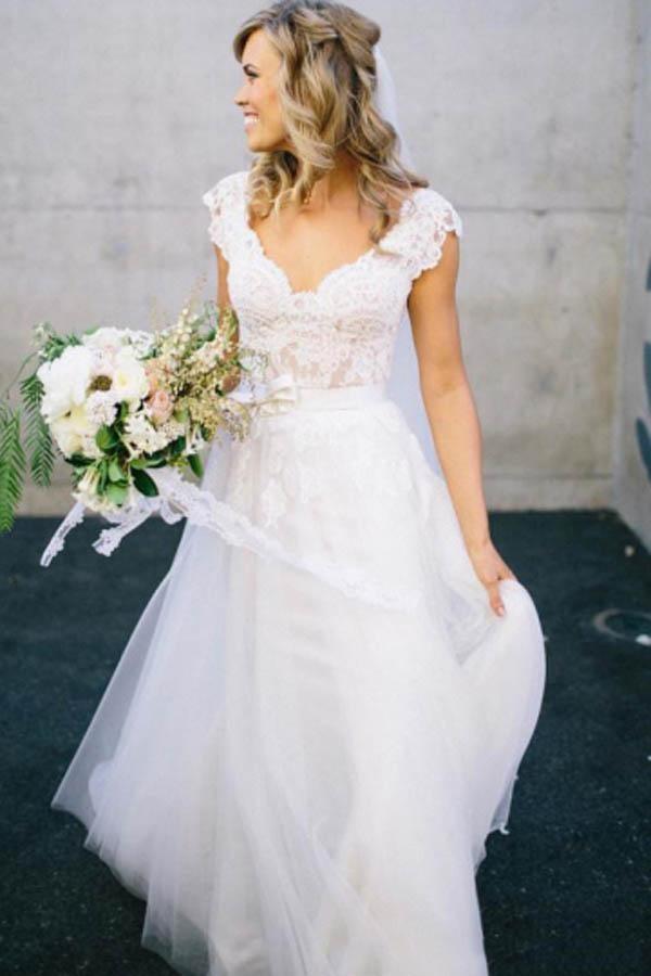 V-Neck Lace Tulle Cap Sleeve A-Line Wedding Dress WD136 - Pgmdress