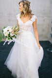 V-Neck Lace Tulle Cap Sleeve A-Line Wedding Dress WD136 - Pgmdress