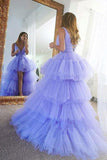 V Neck Lilac High Low Tulle Prom Dresses Formal Evening Dresses PSK155 - Pgmdress