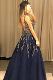 V Neck Line Sexy Party Dress Navy Blue Tulle Long Prom Dress With Beading PSK125 - Pgmdress