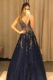 V Neck Line Sexy Party Dress Navy Blue Tulle Long Prom Dress With Beading PSK125
