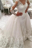 V-Neck Long Sleeves Appliques Watteau Train Wedding Dress WD167 - Pgmdress