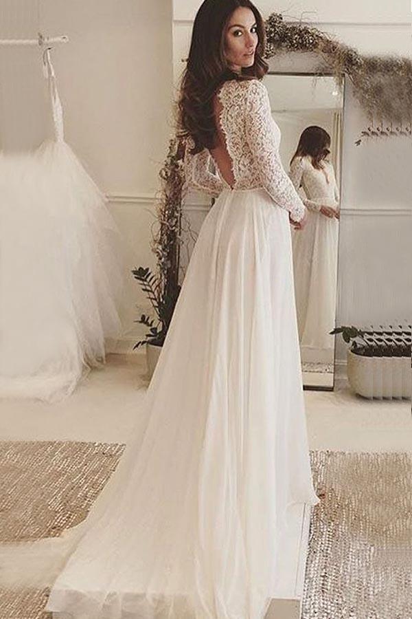 Long Sleeve Ivory Tulle See Through Backless Wedding Dresses – Pgmdress