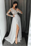 V-Neck Long Sleeves Light Grey Chiffon Prom Dress with Appliques PG435 - Pgmdress