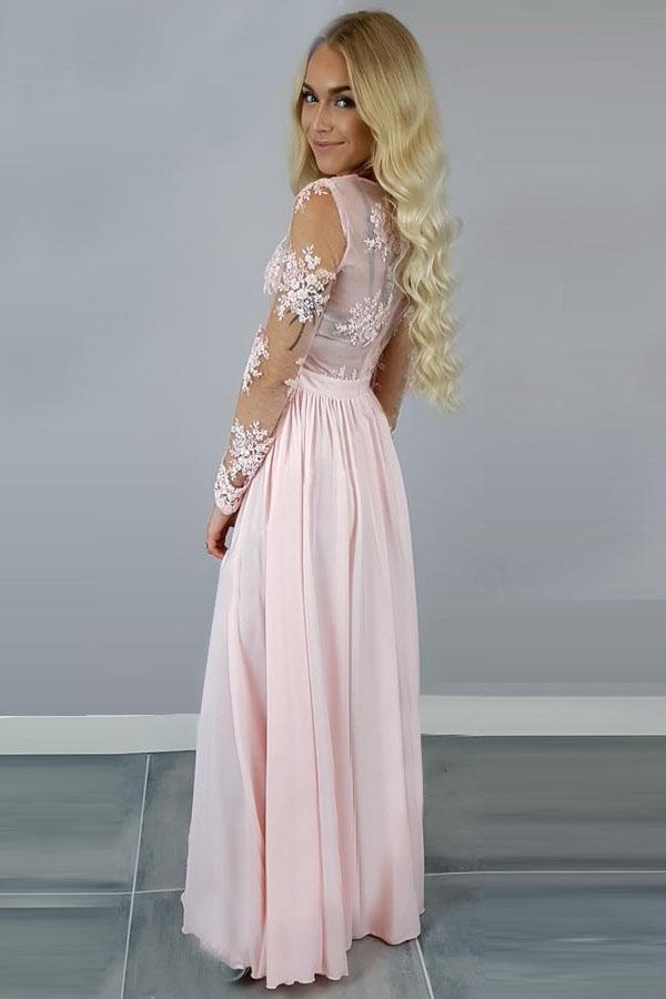 Long Sleeves Pink Lace Long Prom Dresses, Pink Lace Formal Dresses, Pi –  Eip Collection