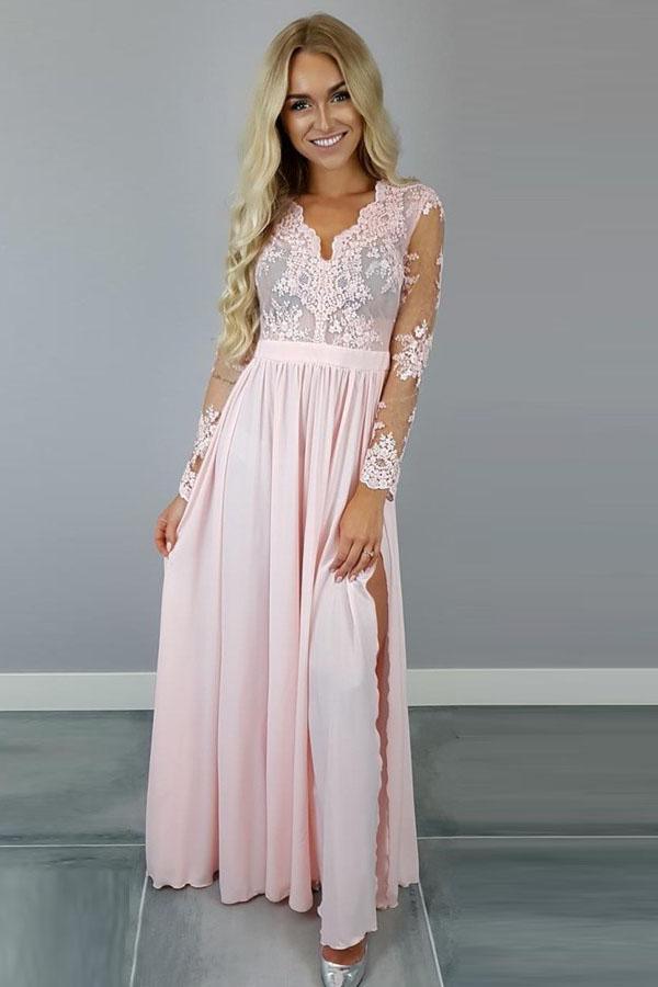 V-Neck Long Sleeves Pink Chiffon Slit Prom Dress with Appliques PG457 - Pgmdress