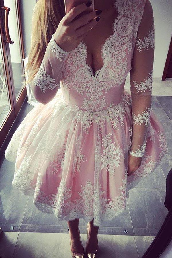 V-Neck Long Sleeves Short Pink Tulle Homecoming Dress with Appliques PG160 - Pgmdress