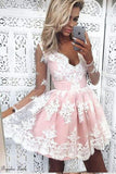 Robe de soirée courte en tulle rose à manches longues et col en V avec appliques PG160