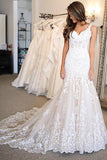 V Neck Mermaid Lace Wedding Dresses Bridal Gown With Sweep Train WD505