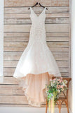 V Neck Mermaid Long White Lace Appliques Wedding Dress with Train WD113 - Pgmdress