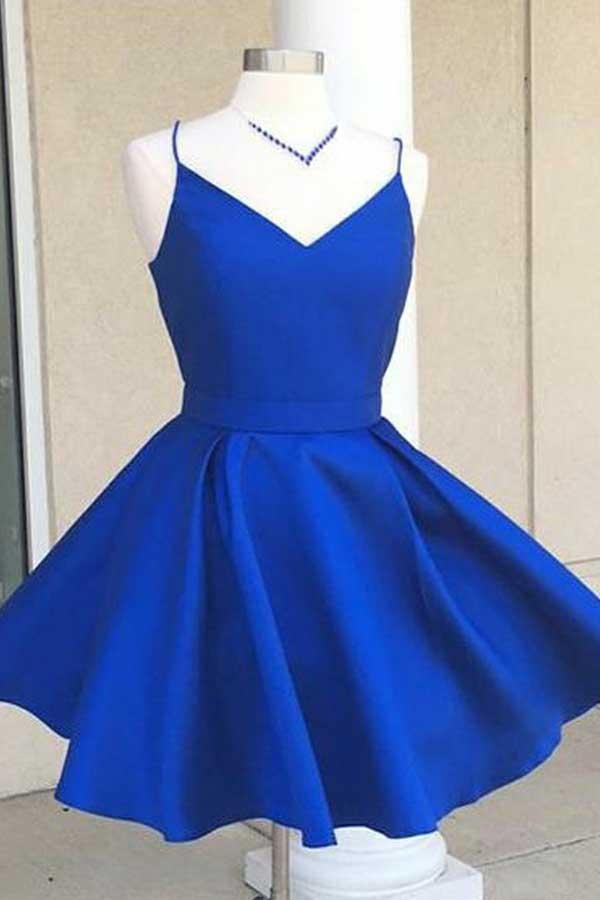 V-Neck Open Back Royal Blue Satin Homecoming Dress with Bowknot PD088 - Pgmdress