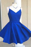 V-Neck Open Back Royal Blue Satin Homecoming Dress with Bowknot PD088