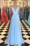 V Neck Open Back Spaghetti Straps Light Blue Long Prom Dresses with Beading PG755