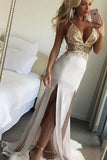 V Neck Open Back Spaghetti Straps Split Long Prom Dresses with Lace PG802 - Pgmdress
