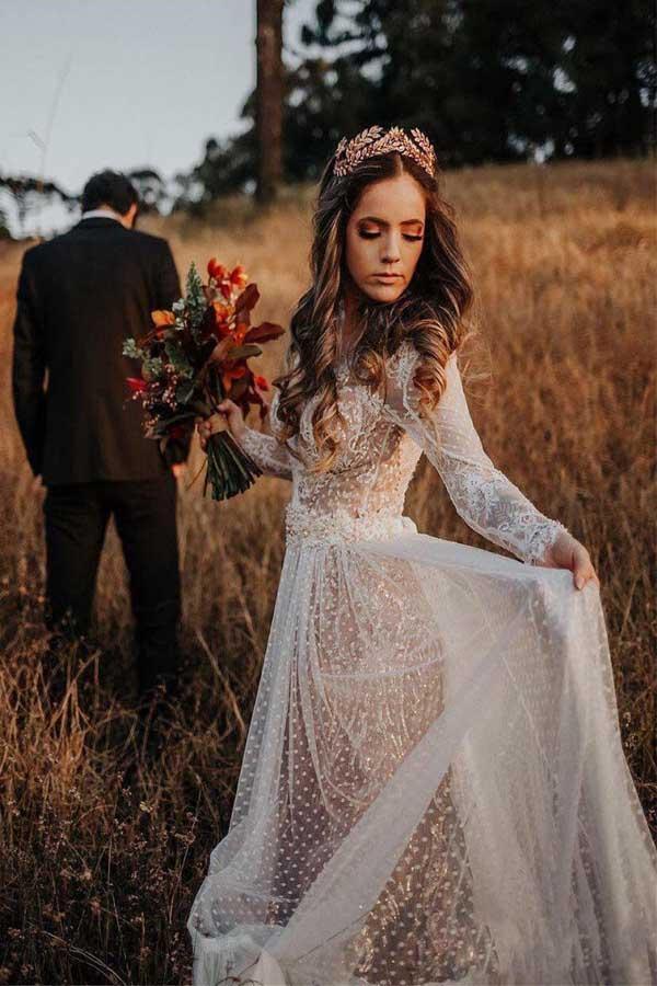 V-Neck Polka Dot Lace Open Back Long Sleeve Boho Bridal Gown – Pgmdress