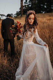 V-Neck Polka Dot Lace Open Back Long Sleeve Boho Bridal Gown WD433 - Pgmdress