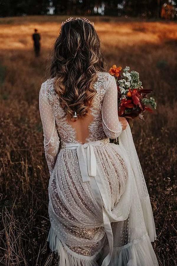 V-Neck Polka Dot Lace Open Back Long Sleeve Boho Bridal Gown WD433 - Pgmdress