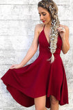 V neck Red Spaghetti Straps High-Low Short  Homecoming Dresses PD100