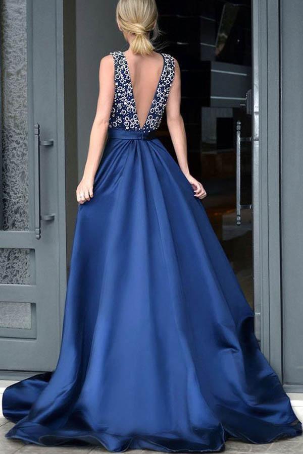 V-neck Royal Blue Satin Beading Prom Dresses With Sweep Train – Pgmdress