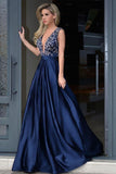 V-neck Royal Blue Satin Beading Prom Dresses With Sweep Train PG443
