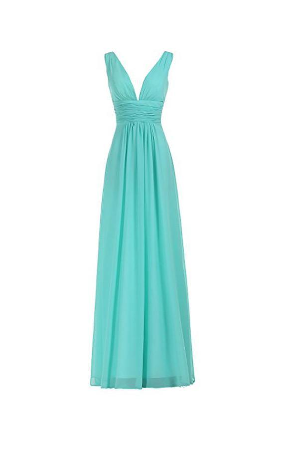 V-Neck Ruched Waist Long Prom Evening Gown Bridesmaid Dress BD006 - Pgmdress
