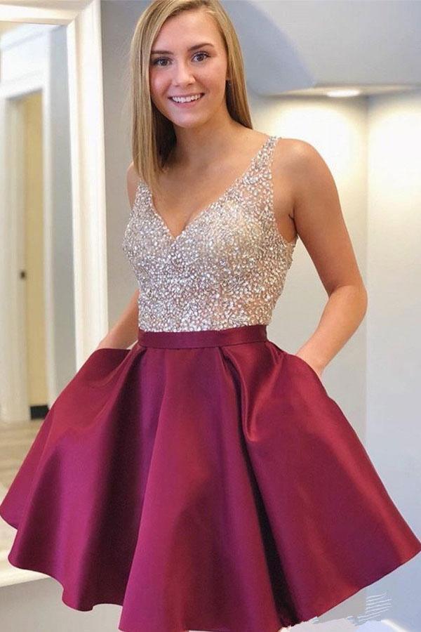 V-Neck Short Beaded Homecoming Dress Cute Cocktail Party Dress PD331 - Pgmdress