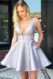 V Neck Silver Satin Homecoming Dresses Sexy Backless Short Prom Dress PD268 - Pgmdress