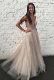 V-neck Sleeveless Grey Floor-Length Prom Evening Dress with Appliques PM211 - Pgmdress