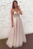 V-neck Sleeveless Grey Floor-Length Prom Evening Dress with Appliques PM211