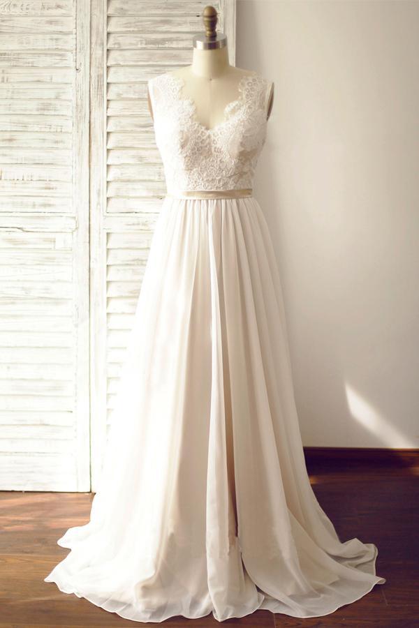 V-neck Sleeveless Open Back Wedding Dress with Lace Sash PG200 - Pgmdress