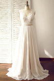 V-neck Sleeveless Open Back Wedding Dress with Lace Sash PG200 - Pgmdress