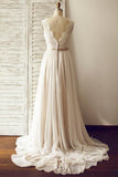 V-neck Sleeveless Open Back Wedding Dress with Lace Sash PG200 - Pgmdress