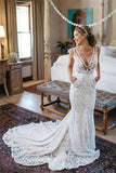 V-Neck Sleeveless Ruched Backless Lace Wedding Dress With Court Train WD141 - Pgmdress