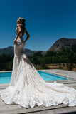 V-Neck Sleeveless Ruched Backless Lace Wedding Dress With Court Train WD141 - Pgmdress