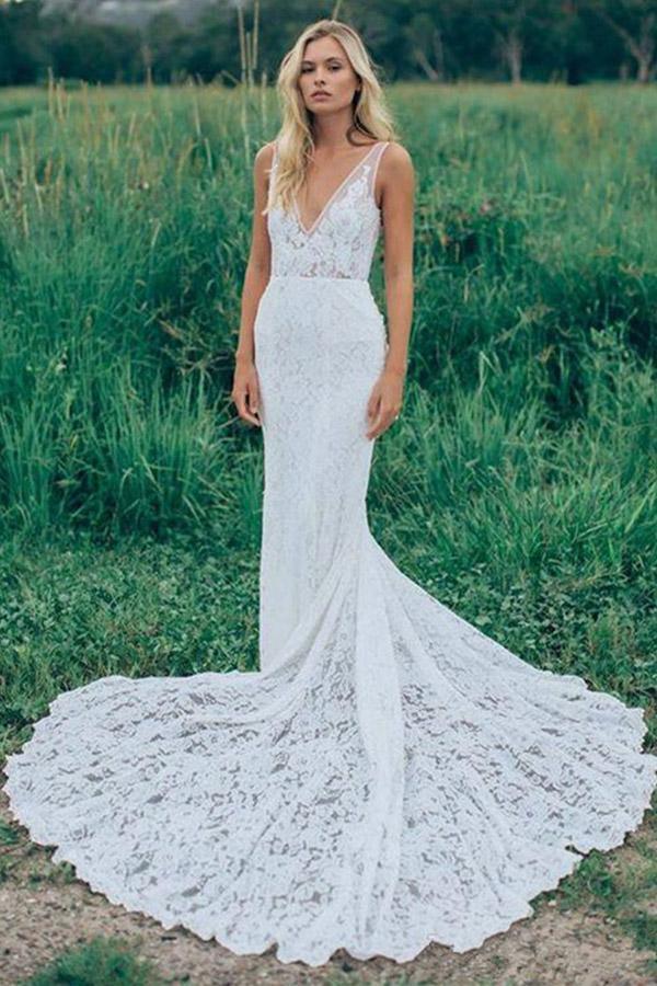 Sheath Lace V neck Backless Court Train Wedding Dress Sheath Lace V neck Backless Court Train Wedding Dress